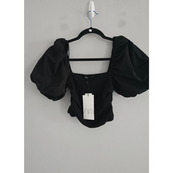 Zara Black Puffy Sleeve Top S NWT - Picture 3 of 4